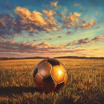 Football ball glowing in warm sunset light on field high resolution picture