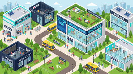 Fototapeta premium Isometric city with modern buildings and bustling streets.