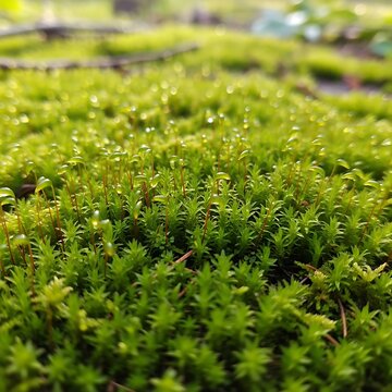 Lush green moss carpet with tiny spore capsules growing in forest floor macro scene.