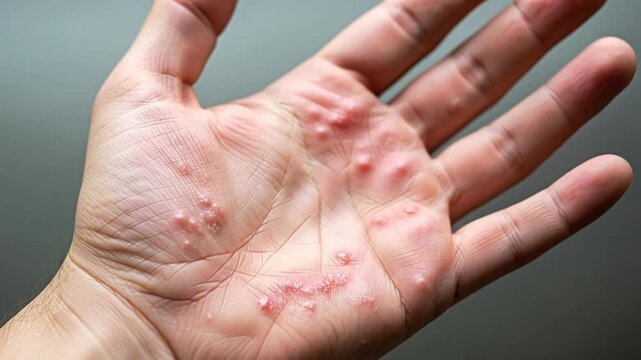 Close-up of a hand with a red, bumpy rash and blisters on the palm.