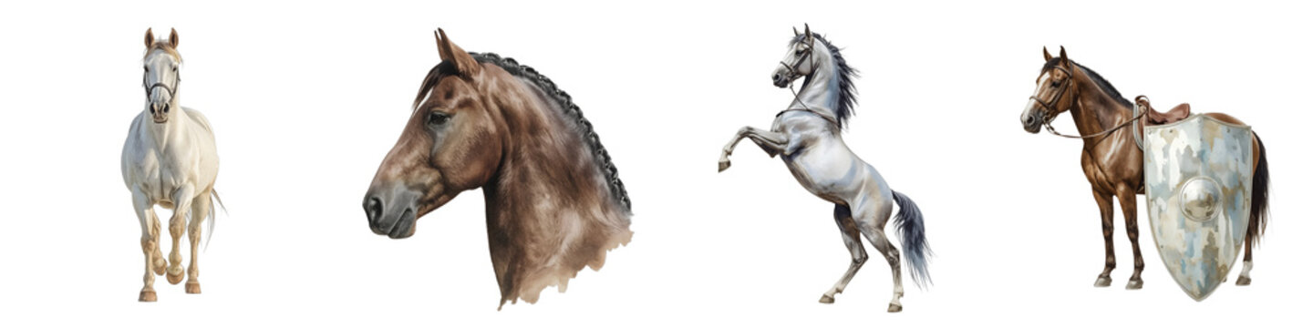 Elegant horses depicted in varied poses against a dark background, showcasing equine beauty