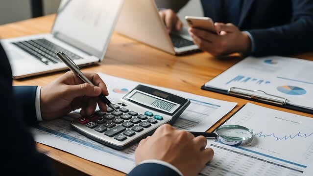Business people working with calculator and financial documents on wooden desk finance laptop