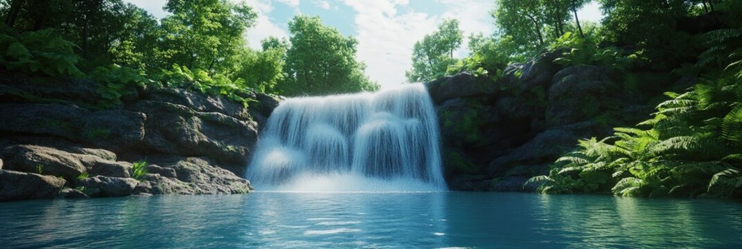 A picturesque waterfall cascading into a crystal-clear pool surrounded by vibrant greenery, 