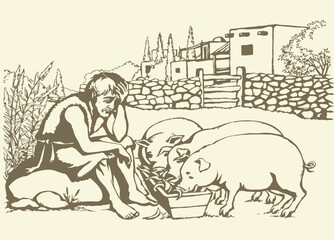 Vector drawing. A sad man and pigs © Marina