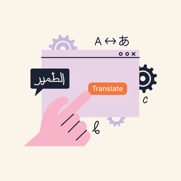 Online language translation service interface, digital linguistics software with interactive button and hand cursor, global communication, polyglot technology, automated language processing, vector