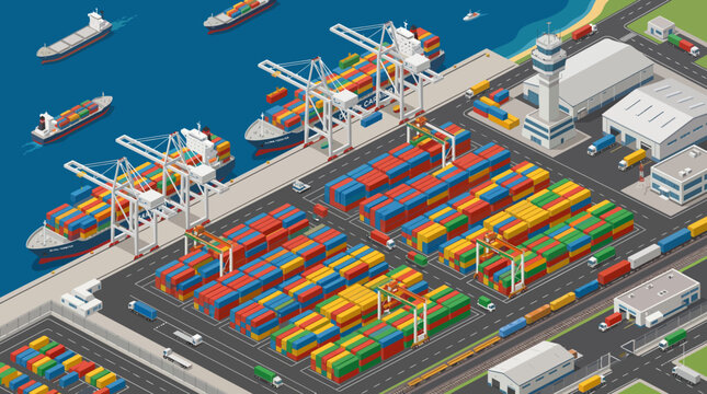Isometric view of a bustling cargo port with ships and containers 1.