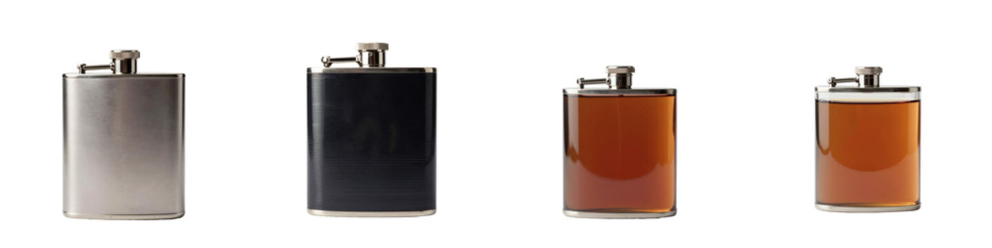 Selection of hip flasks for alcoholic beverages in varied materials on dark background