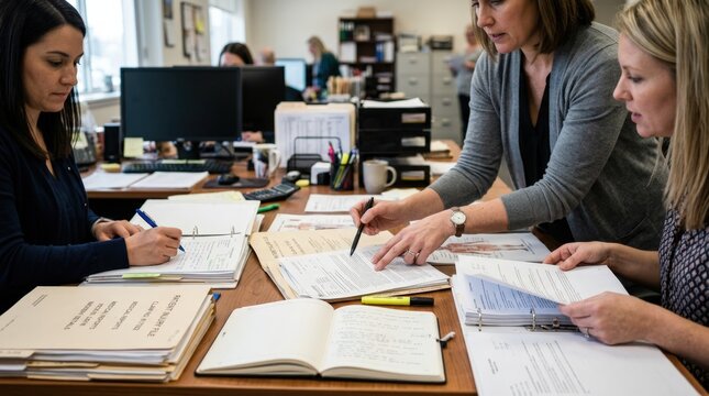 Healthcare claims specialists analyzing patient injury files in a medium shot sharp focus on hands and documents blurred office setting enhancing concentration atmosphere.