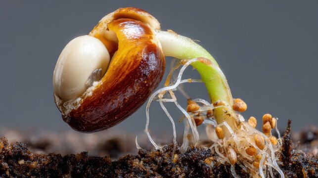 Close-up macro view of a new plant seedling germinating from a seed half-buried in moist soil, showcasing the initial stages of growth with developing roots.