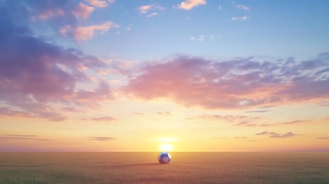 Football on green pitch beneath glowing sunset clouds high resolution picture