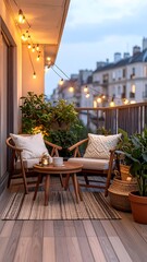 Fototapeta premium A cozy balcony scene at dusk. Two wooden chairs with cushions face a small table, lit by string lights. A woven rug adds warmth