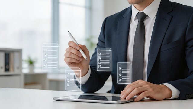 Businessman using digital tablet and futuristic holographic interface for advanced data management checking off tasks on virtual checklists in a modern high tech corporate office