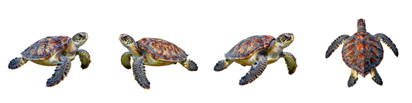 Green sea turtle swimming in different angles on a black background