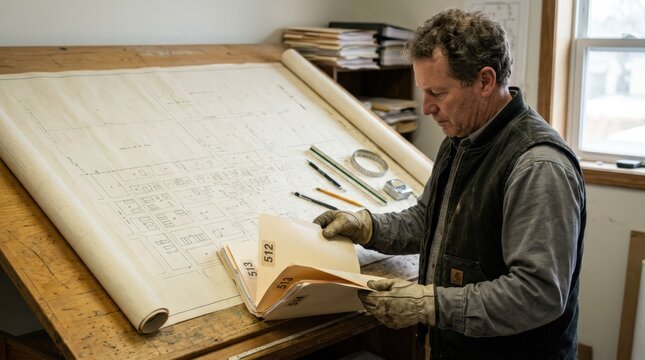 Builder examining detailed lot files for an urban infill project hands handling numbered folders with a faintly visible map spread across the desk behind.