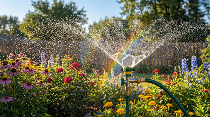 Naklejka premium Garden sprinkler watering colorful flowers under sunlight with rainbow 