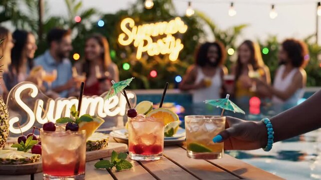 Vibrant summer poolside gathering with cocktails and friends celebrating outdoors