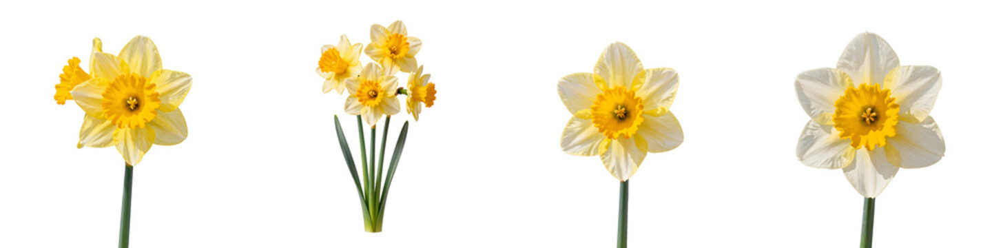 Four types of daffodils in bright yellow and white on a black background