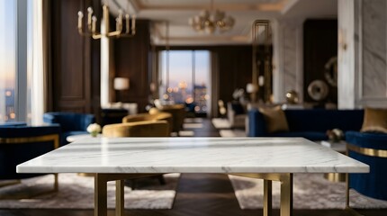 Fototapeta premium Elegant marble table with gold accents in luxurious hotel lounge with blurred background.