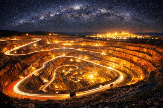 Vast open-pit mine illuminated at night under a starry sky with light trails