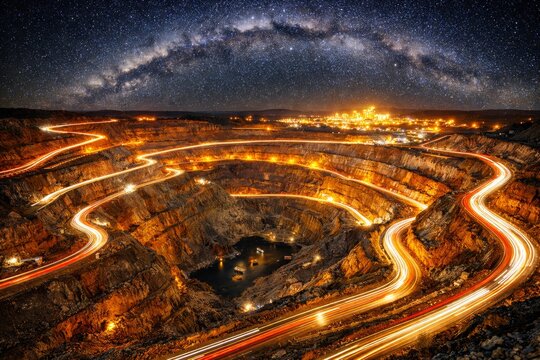 Vast open-pit mine at night with the Milky Way galaxy overhead