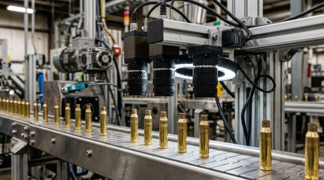 Inspection of caliber cases featuring worn dies producing subtle uneven headstamp markings as cases move steadily beneath detailed imaging cameras.