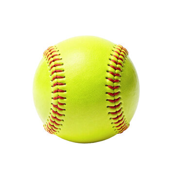 Bright yellow softball with red stitching isolated against white background for graphic design