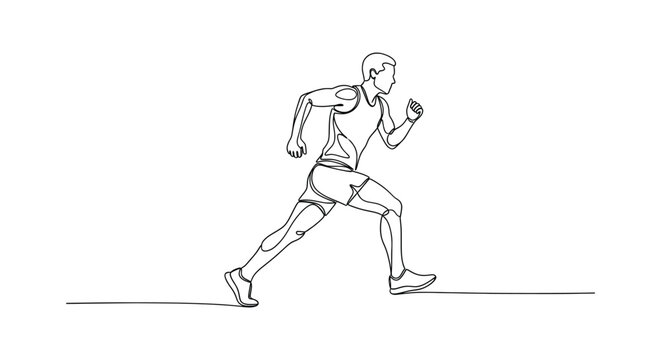 Single line drawing of a male runner jogging in minimalist style for athletic competition concept.