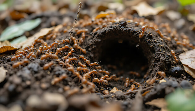 Busy Red Ant Colony at Nest Entrance Macro