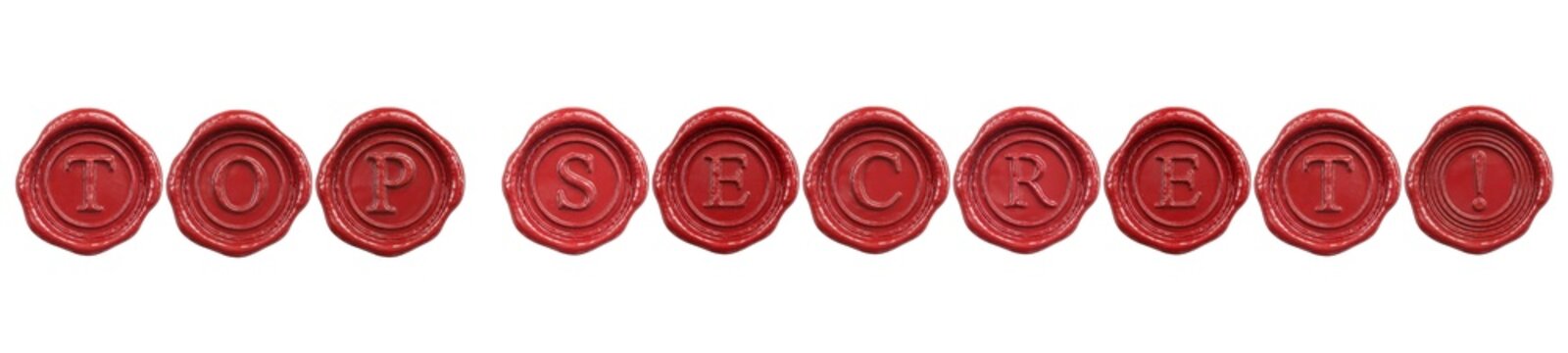 Word or text: TOP SECRET, created using red wax seals, wax seal stamps, and lettering, isolated on a transparent or white background, with retro vintage design elements and icons