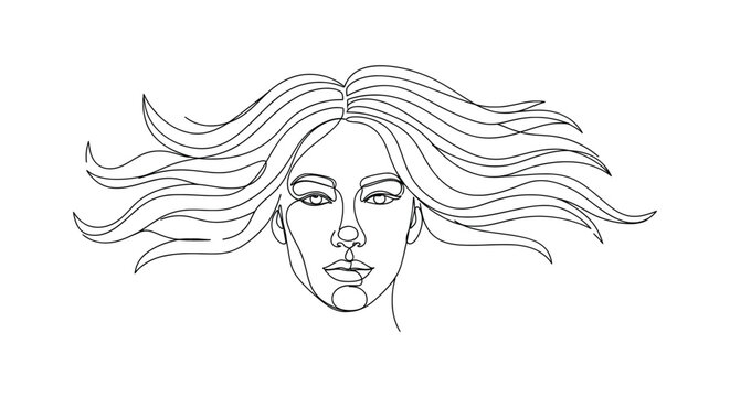 Continuous Line Art Drawing of a Beautiful Woman's Face with Long Flowing Hair Minimalist Illustration