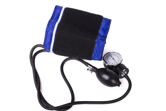 Medical equipment for measuring blood pressure with a gauge and cuff on a white background