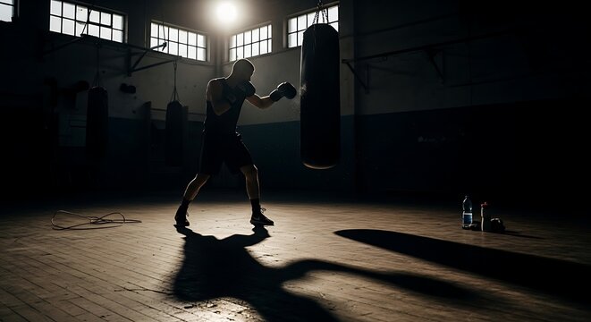 Boxer training alone in a dark gym with punching bag