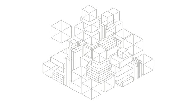 Abstract isometric wireframe drawing of a complex structure composed of stacked cubes and rectangular prisms, creating a three-dimensional grid.