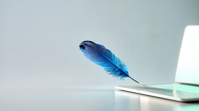 Blue feather floating above a silver laptop on a light gray surface, showcasing a modern workspace with minimalist design elements and soft lighting