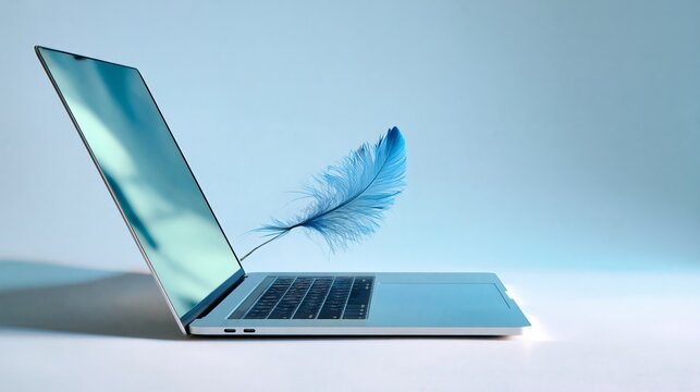 Laptop computer with a reflective screen and a blue feather floating beside it against a light blue background, showcasing a modern and minimalistic design aesthetic