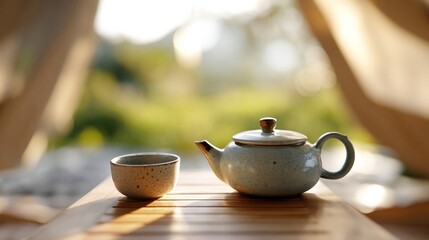 Fototapeta premium Teapot and bowl set on wooden table in a serene outdoor setting with soft natural light and blurred greenery in the background