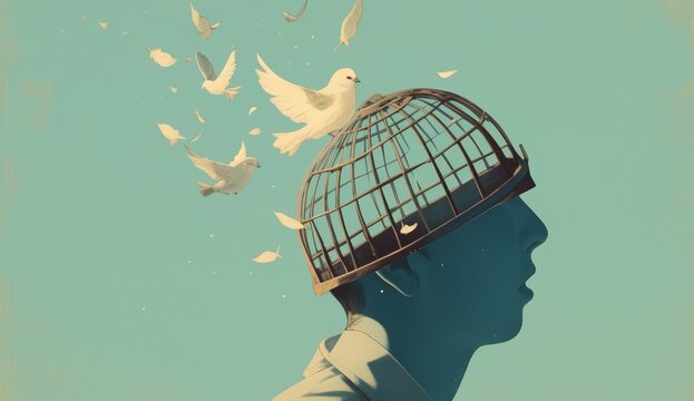 A surrealistic illustration of an open wooden head cage with the bird flying away, symbolizing freedom and mental health. 
