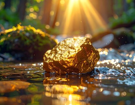 A golden nugget rests in a clear stream, bathed in sunlight. Green foliage creates a natural backdrop, illuminating a precious stone