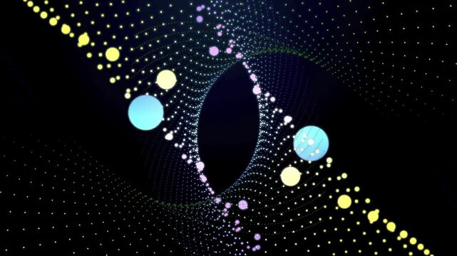 Multicolored particle dots forming a double spiral vortex that rotates and expands in a symmetrical pattern against a dark background for a cosmic digital aesthetic.