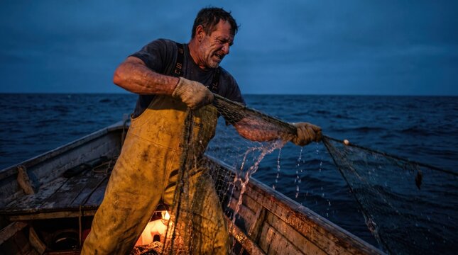 Dedicated Fisherman Hauls in Net from Boat at Dusk on Open Sea.