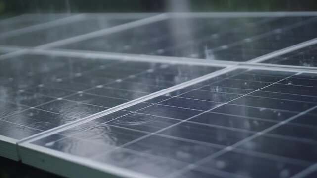 Rain falling on solar panels in a close-up shot, showcasing the cleansing effect of water on renewable energy technology and hinting at the power generated from natural elements