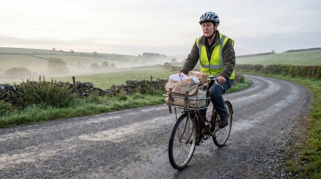Delivery Person Riding Bicycle on Rural Road in Foggy Morning Landscape.