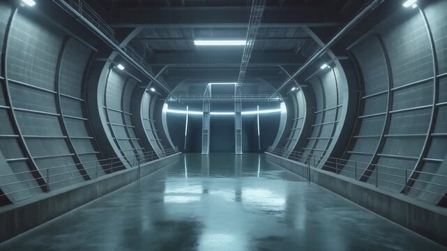 Futuristic industrial tunnel interior with reflective floor and modern architectural design