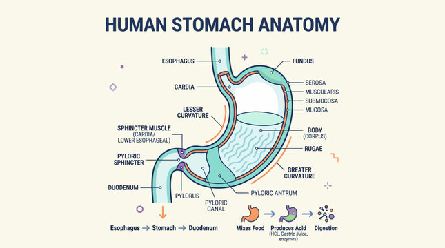Detailed Diagram Illustrating the Anatomy of the Human Stomach and its Digestive Processes