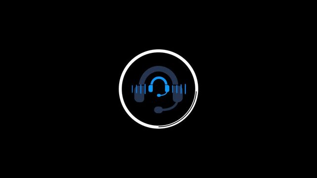 Minimalist podcast icon with blue headset and frequency bars animation on black background.