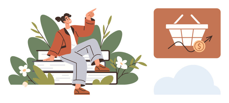 Education, e-commerce, investment growth, learning opportunities, online shopping, financial progress. A person sitting on books with a shopping basket and uptrend icon. Education and e-commerce