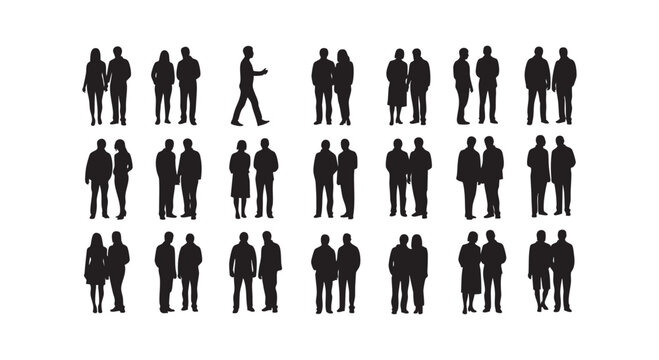 Group of diverse people silhouettes standing together in black on white vector.