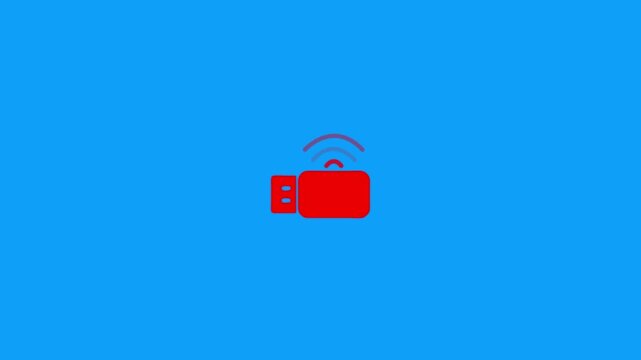 Red usb wifi adapter icon or dongle with radio waves for wireless network connection motion.