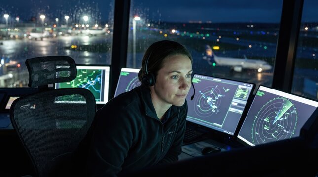 Female Air Traffic Controller Working at Night in Control Tower.