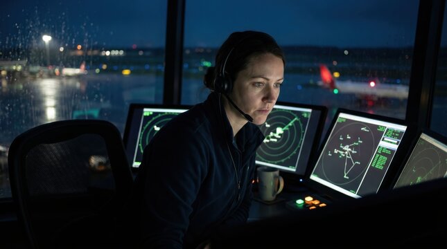 Female air traffic controller working diligently in a dark control tower at night.